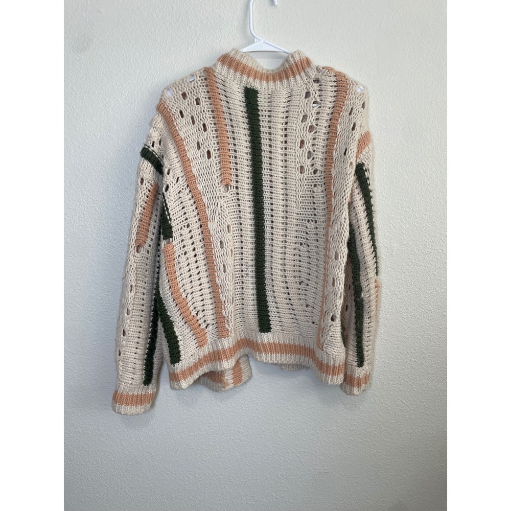 Sage The Label Cardigan Womens Medium Green Peach Striped Chunky Knit Excellent